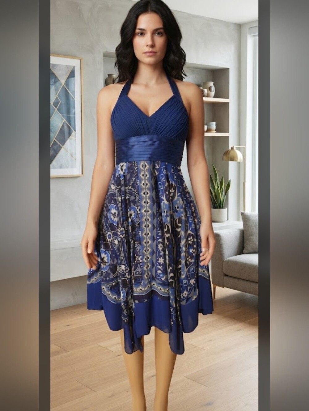 Signature by Sangria Royal Blue and Navy Asymmetrical Halter Dress